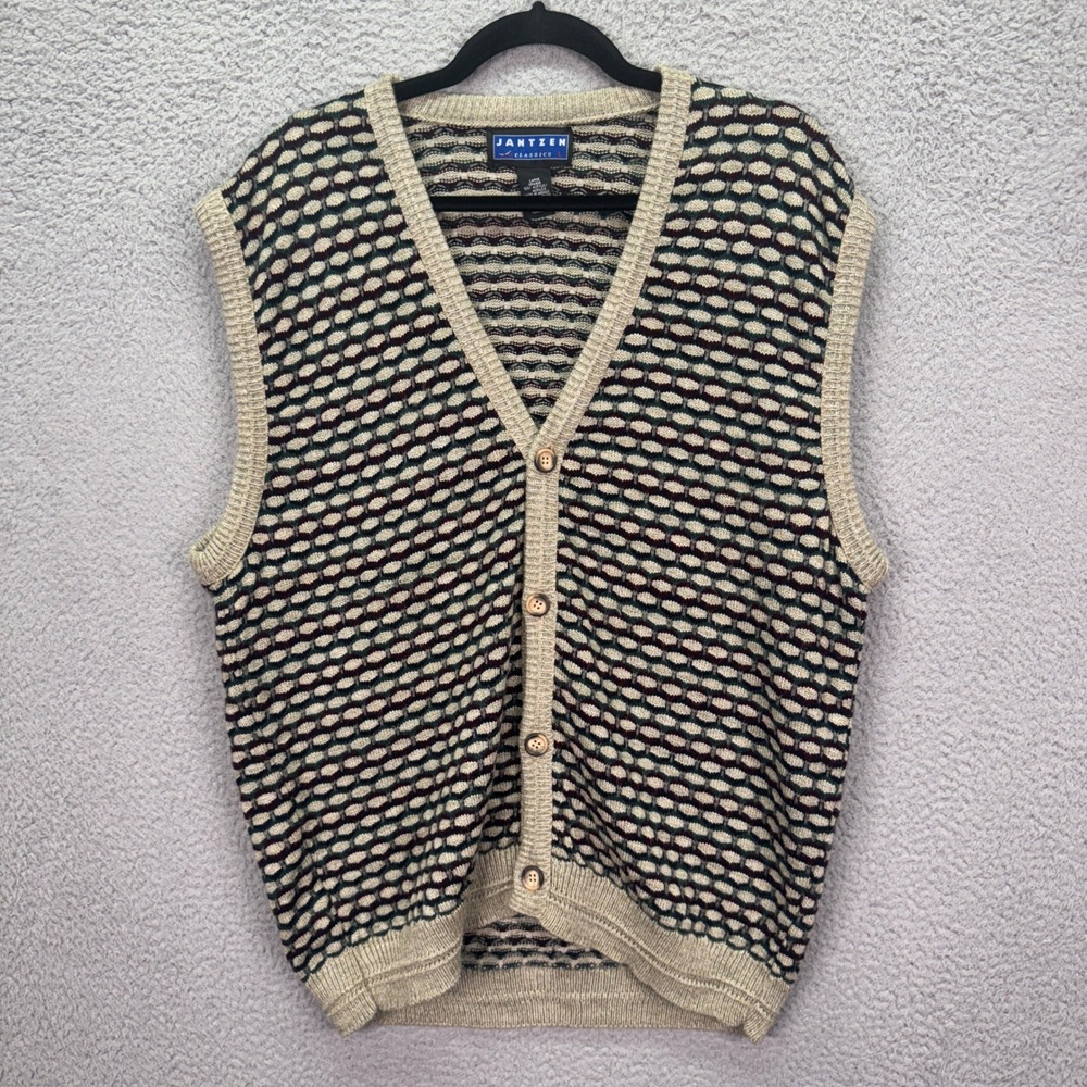 Jantzen‎ Classics Sweater Vest Mens L Tan Burgundy Cardigan Honeycomb Grandpa